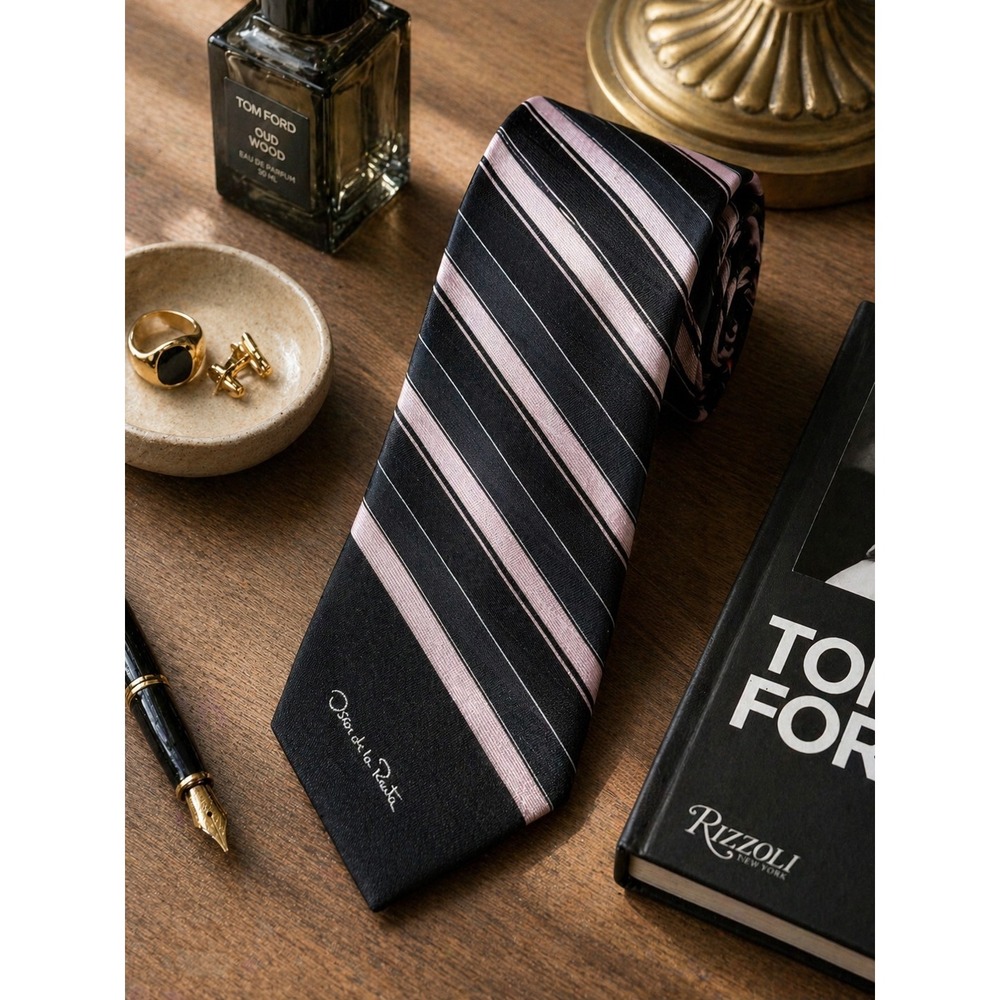 Oscar de la Renta Mens Necktie Black Pink Grey Striped Silk Blend Designer Tie